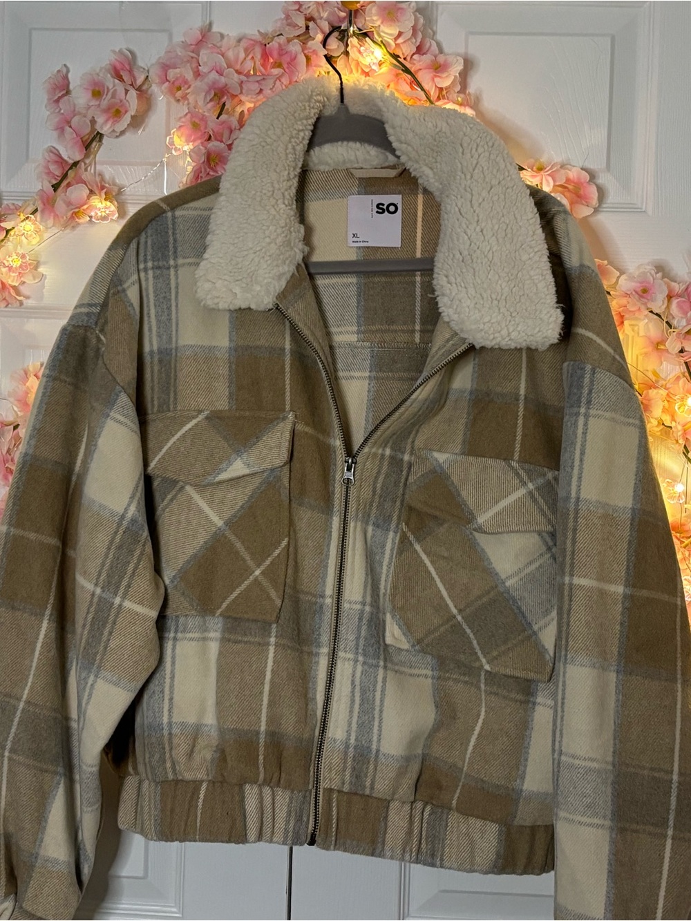 SO Tan & Cream Plaid Sherpa Collar Bomber  Jacket